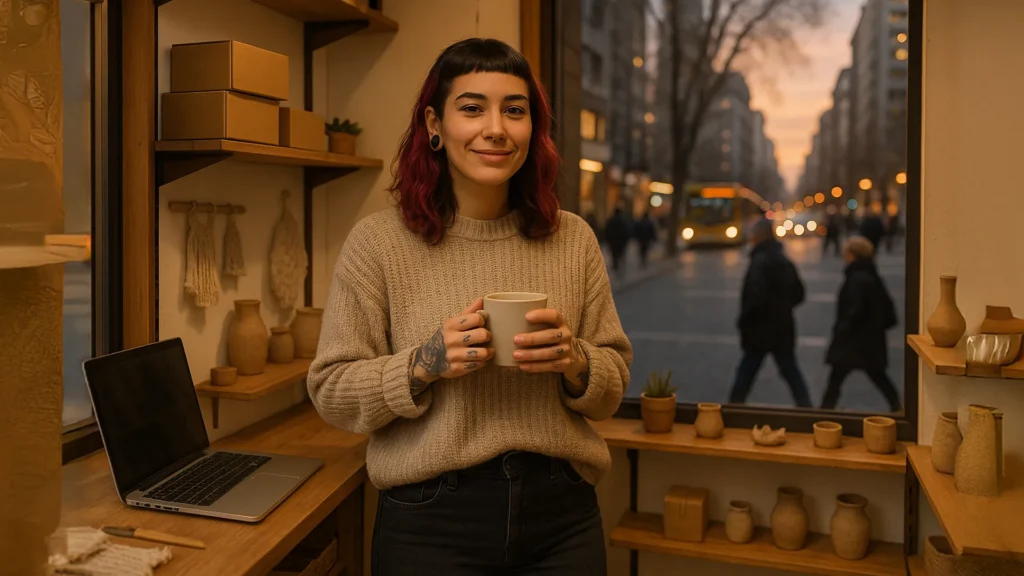 Emprendedora relajada después de organizar sus envíos